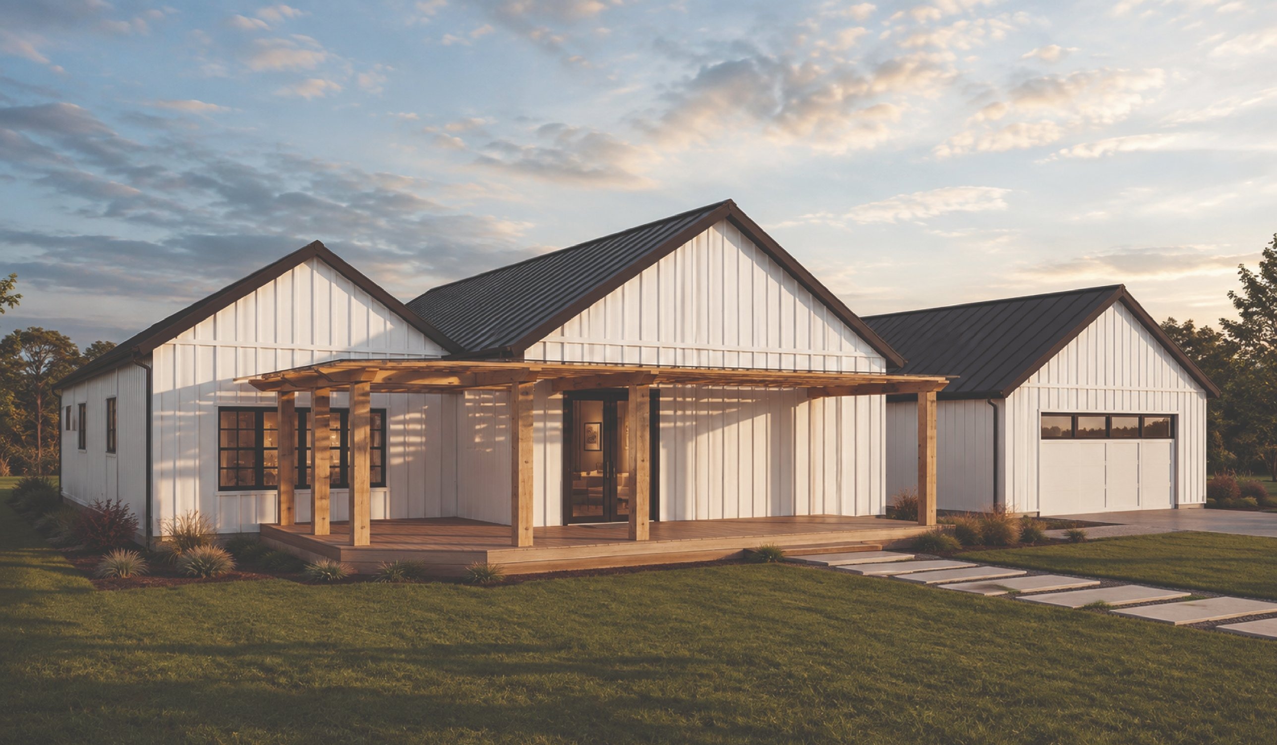 Anvil barndominium plan, front exterior at dusk