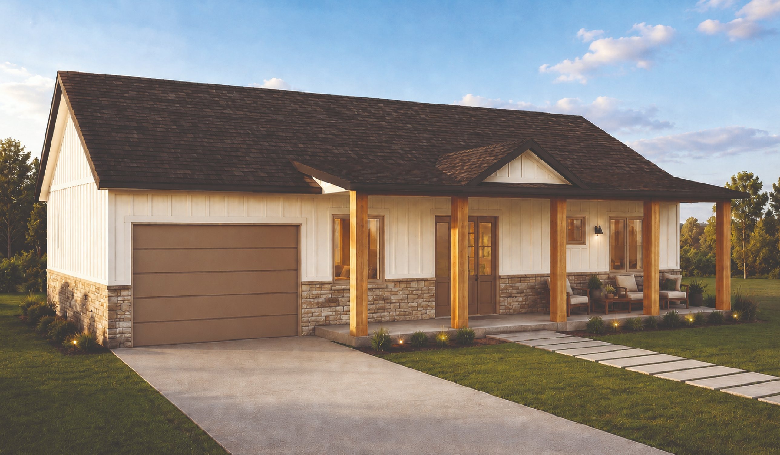 Churn Dash barndominium plan, front exterior at dusk