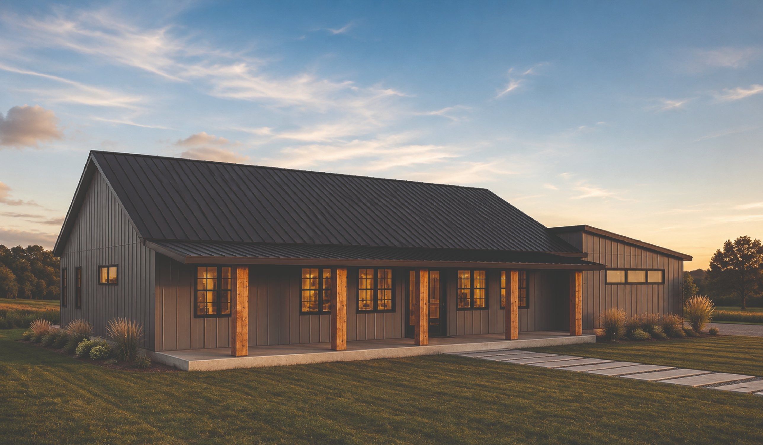 Crossroads barndominium plan, front exterior at dusk