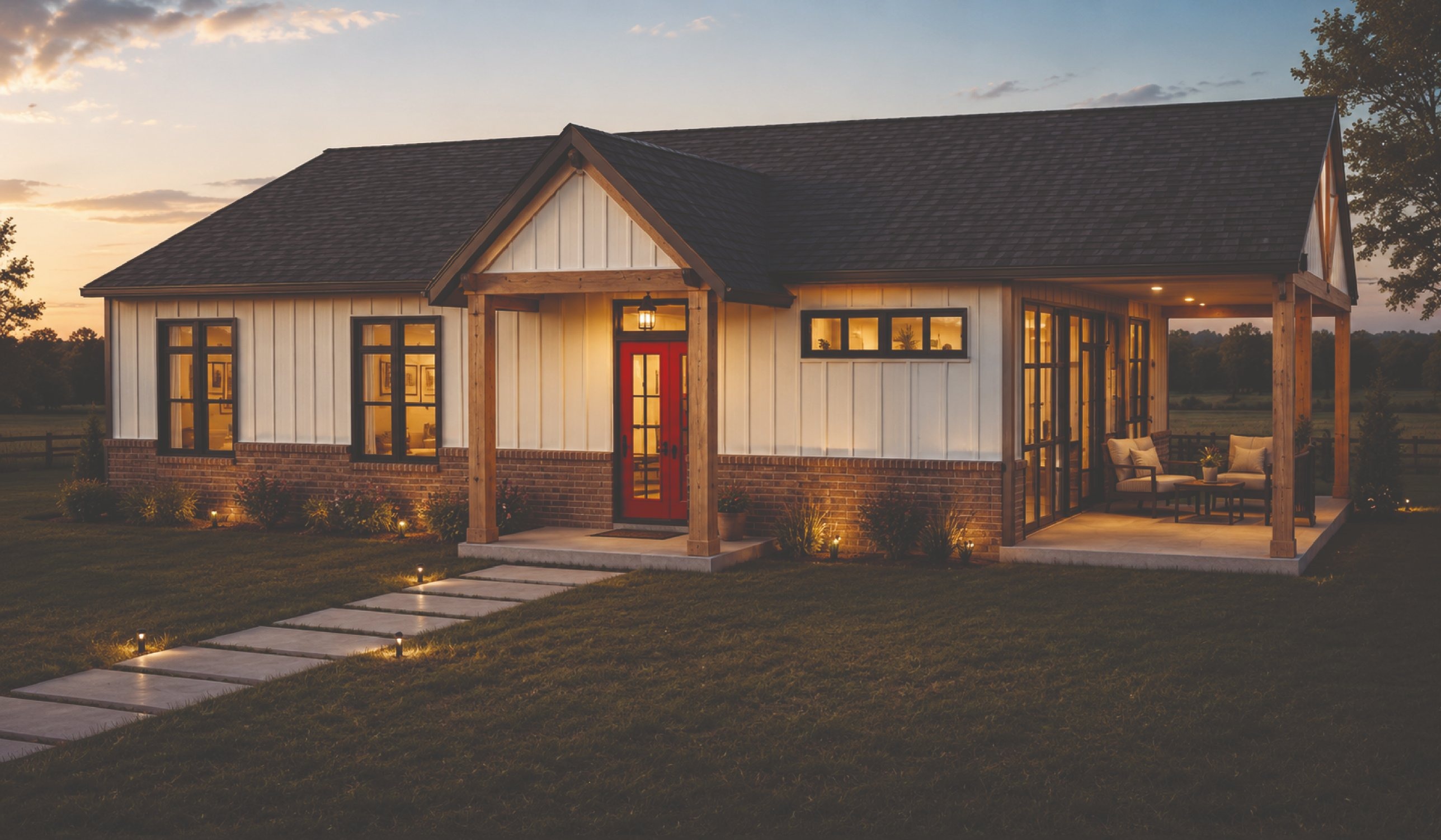 Evening Star barndominium plan, front exterior at dusk