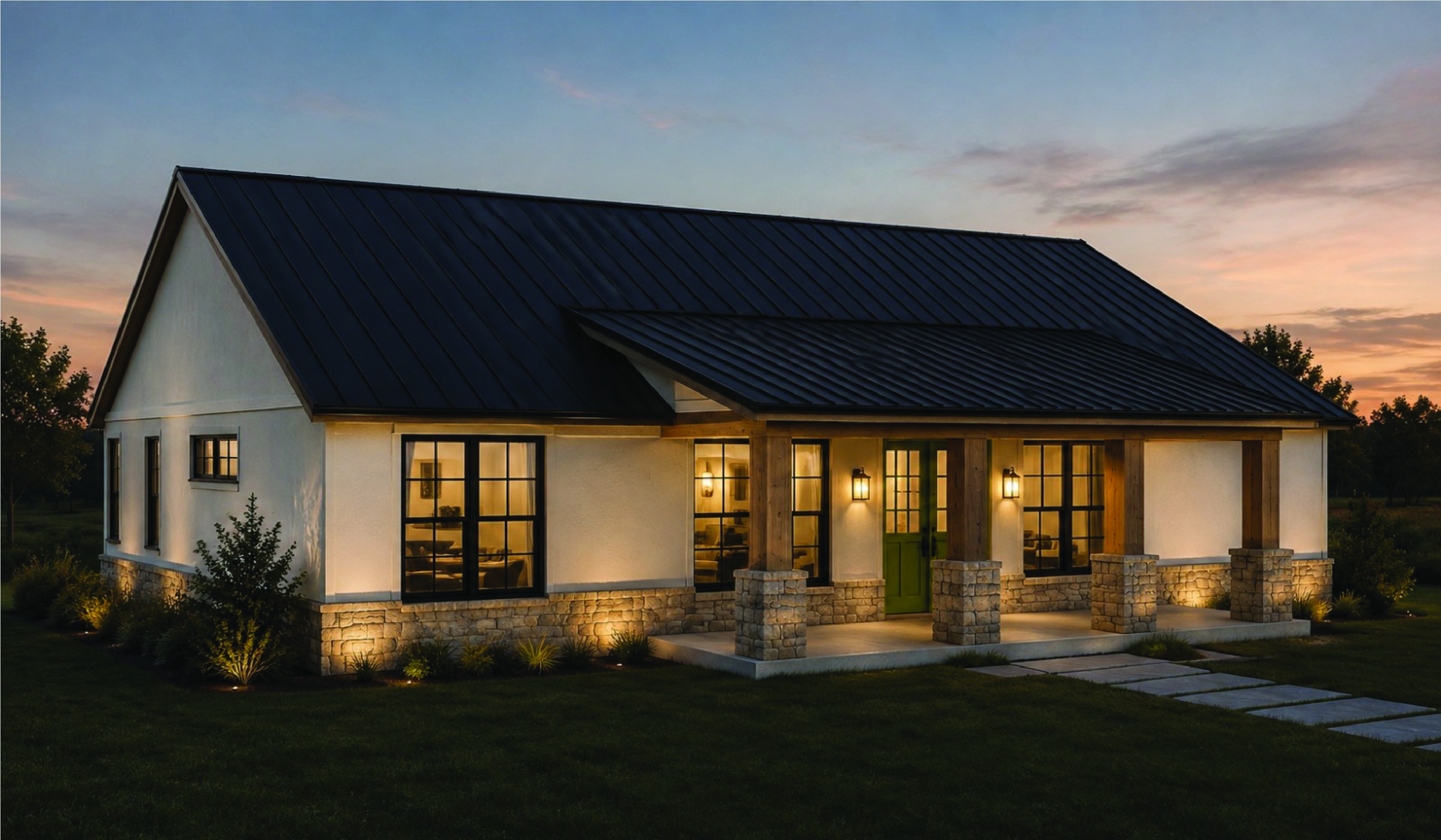Friendship Star barndominium plan, front exterior at dusk