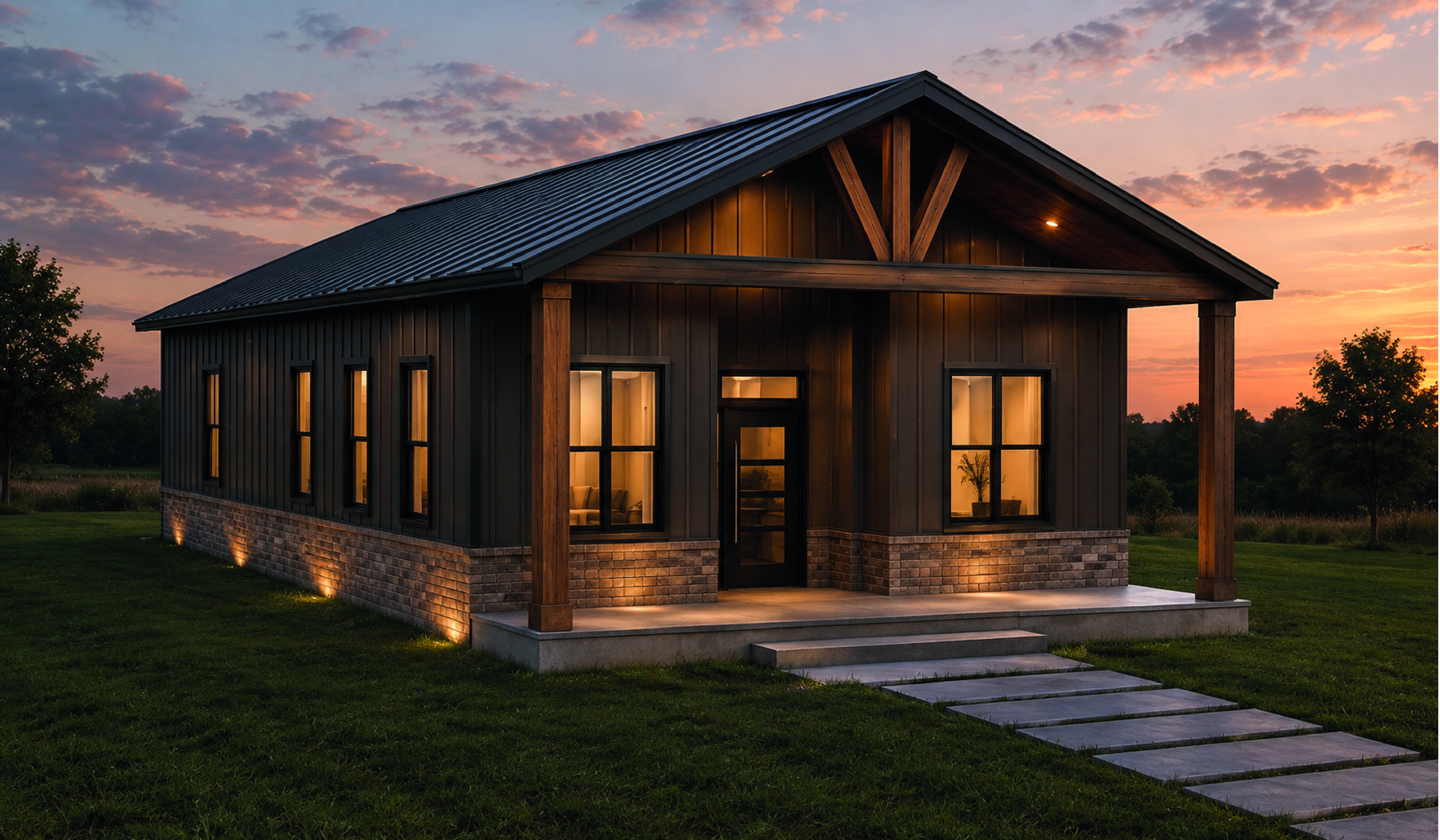 Lemoyne Star barndominium plan, front exterior at dusk
