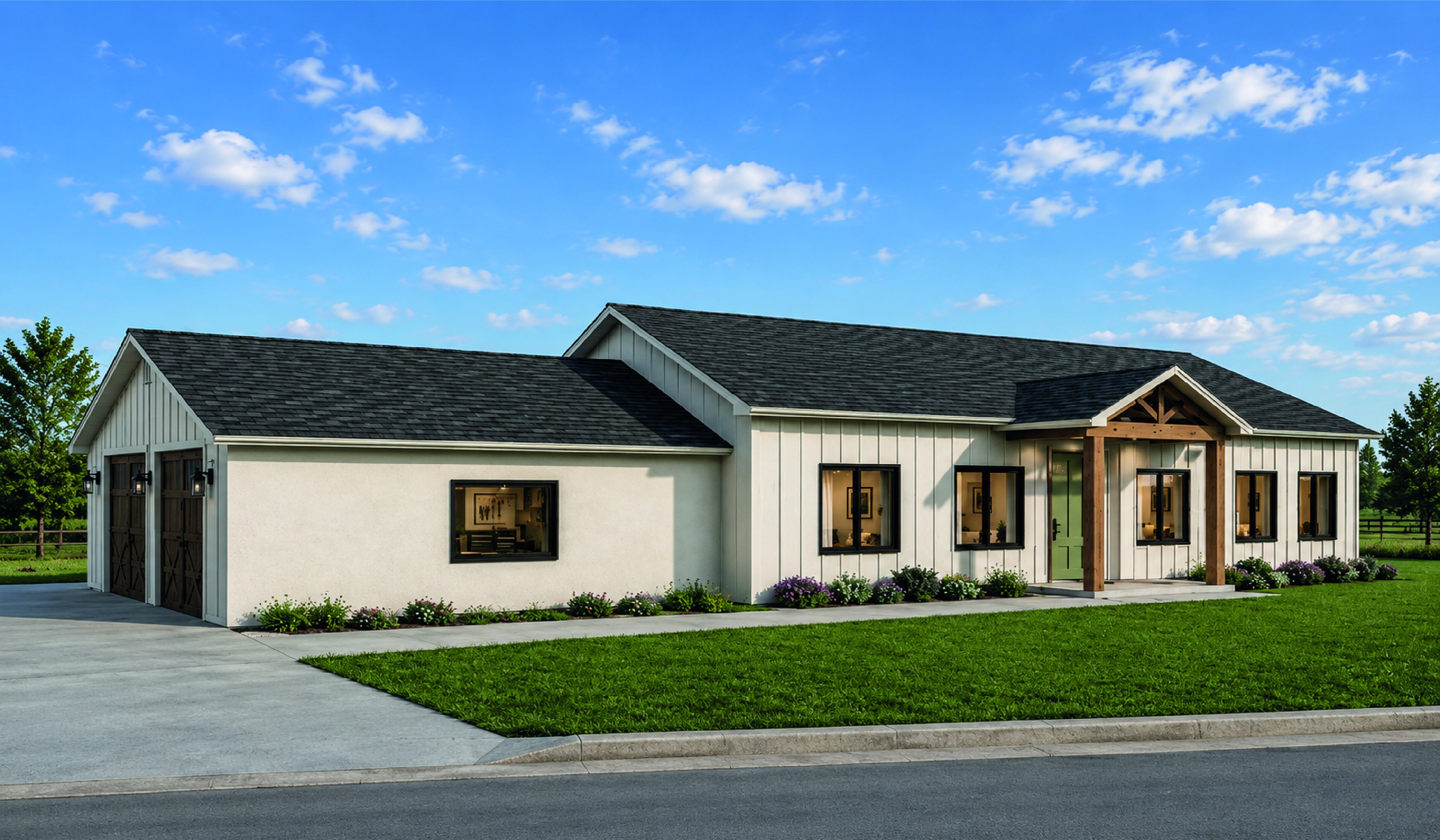 Pine Tree barndominium plan, front exterior at dusk