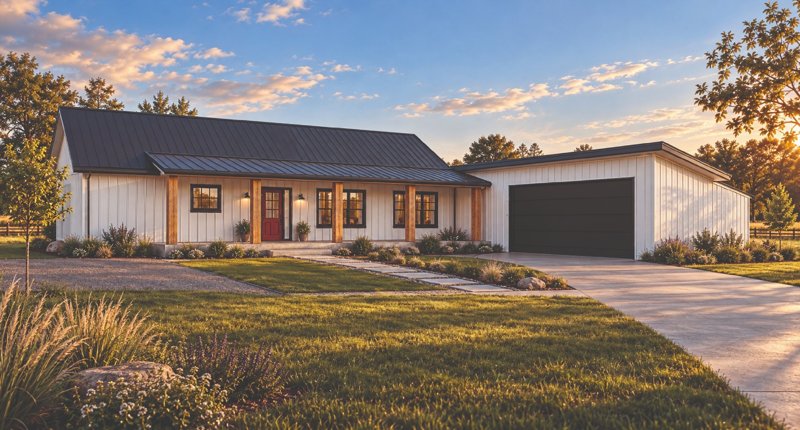 Rail Fence barndominium plan, front exterior at dusk