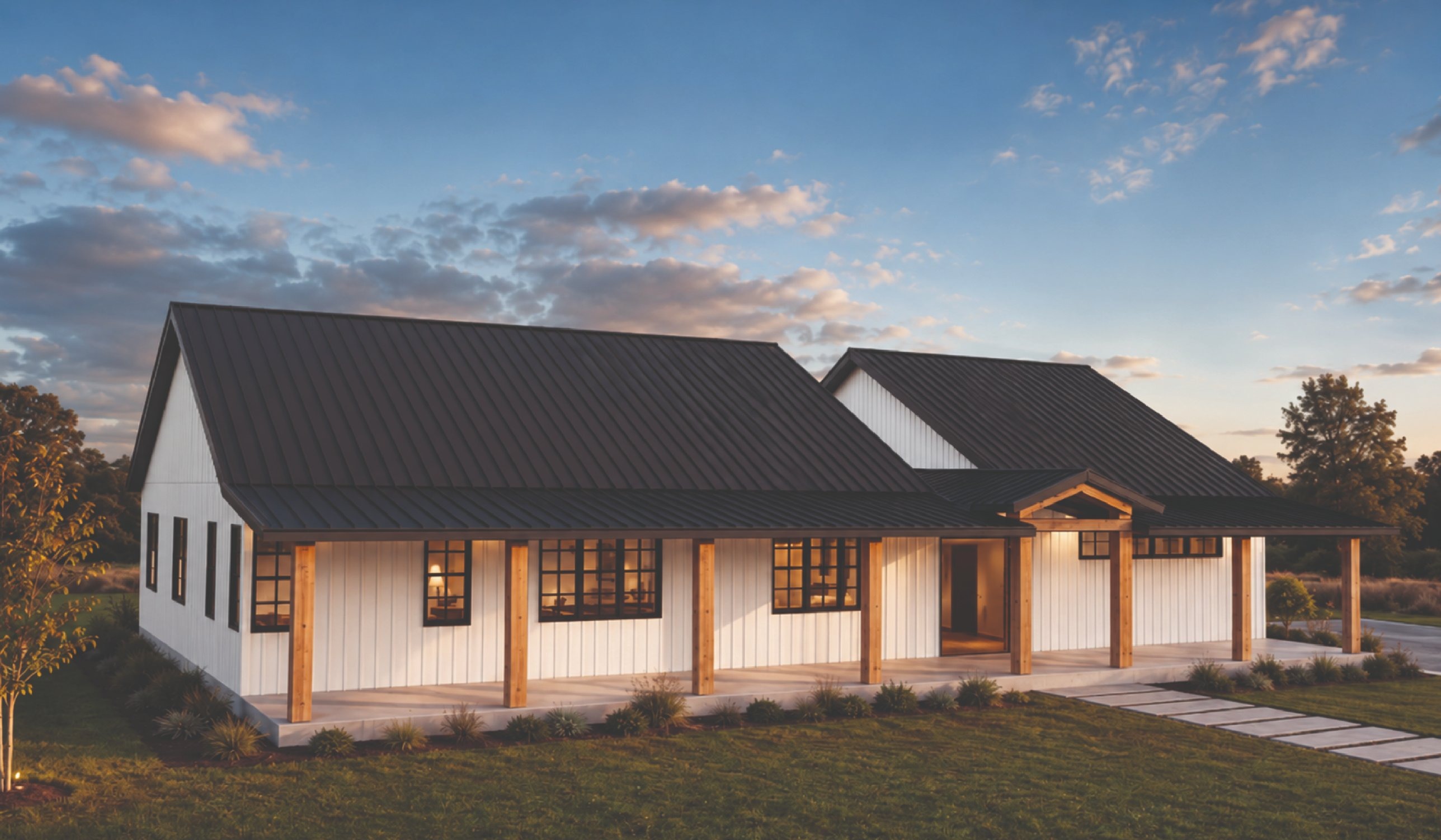 Sawtooth barndominium plan, front exterior at dusk
