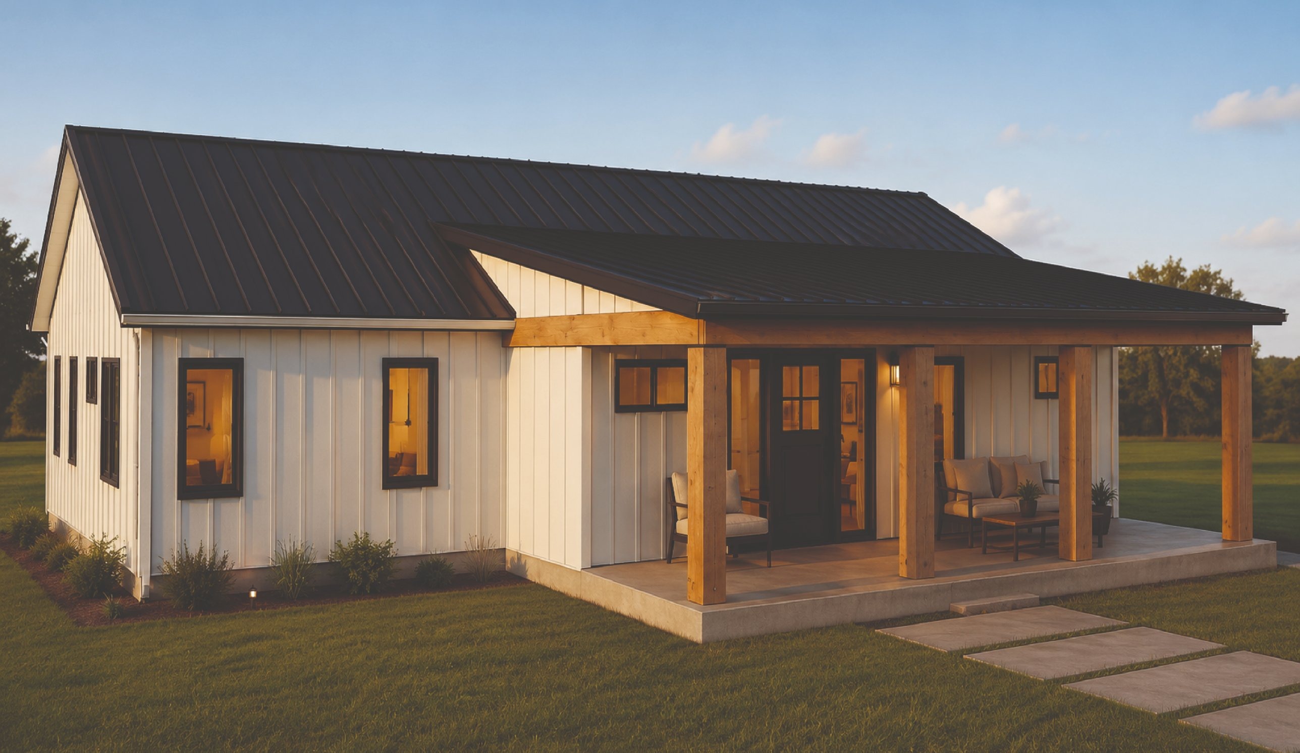 Variable Star barndominium plan, front exterior at dusk