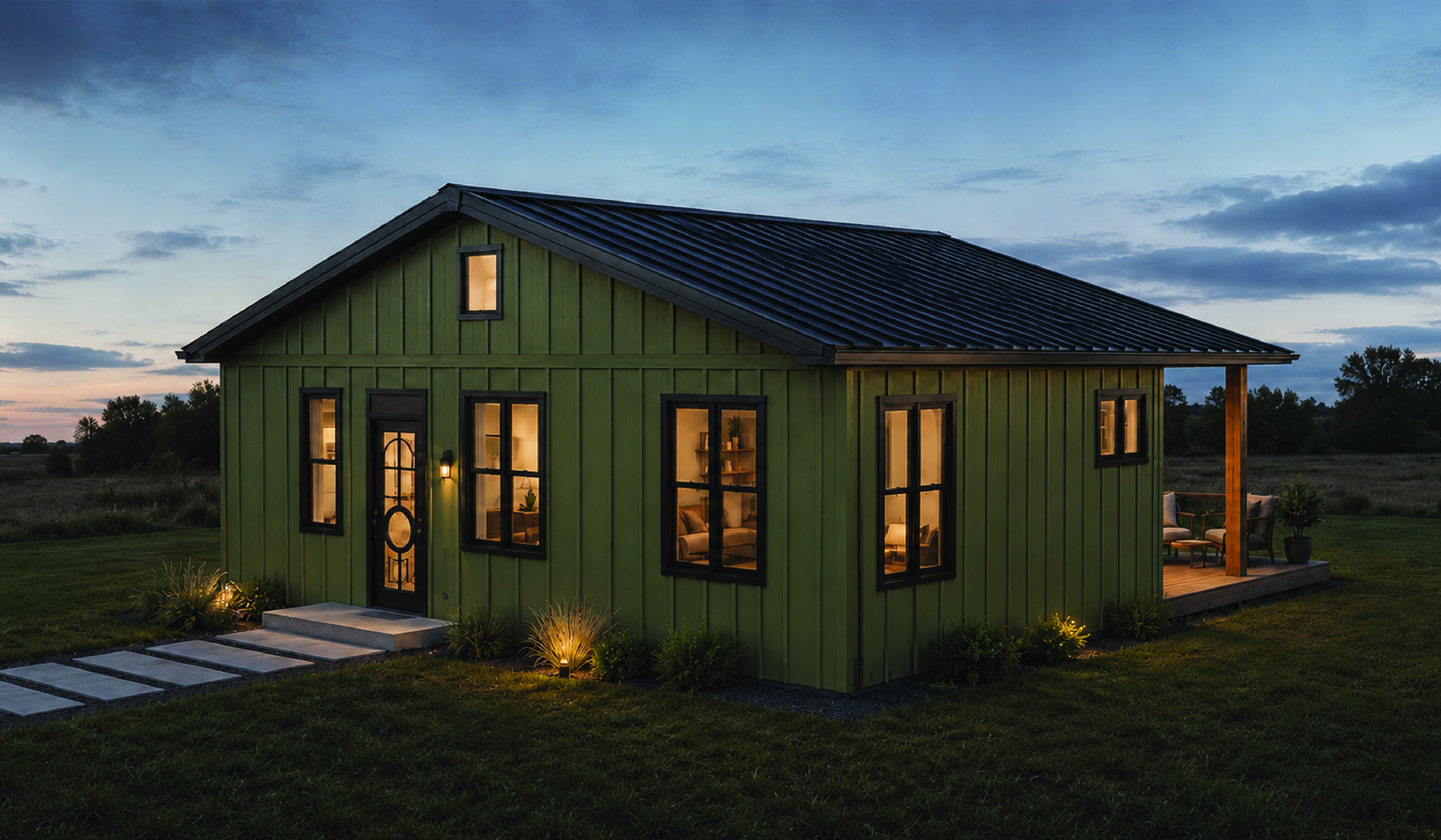 Weathervane barndominium plan, front exterior at dusk